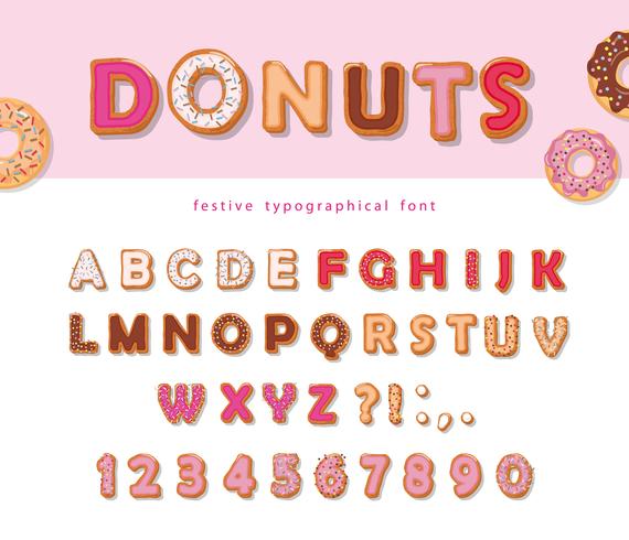 Donuts mão desenhada fonte decorativa. Desenhos animados doces letras e números. Design bonito para meninas. Celebração da festa de aniversário. vetor