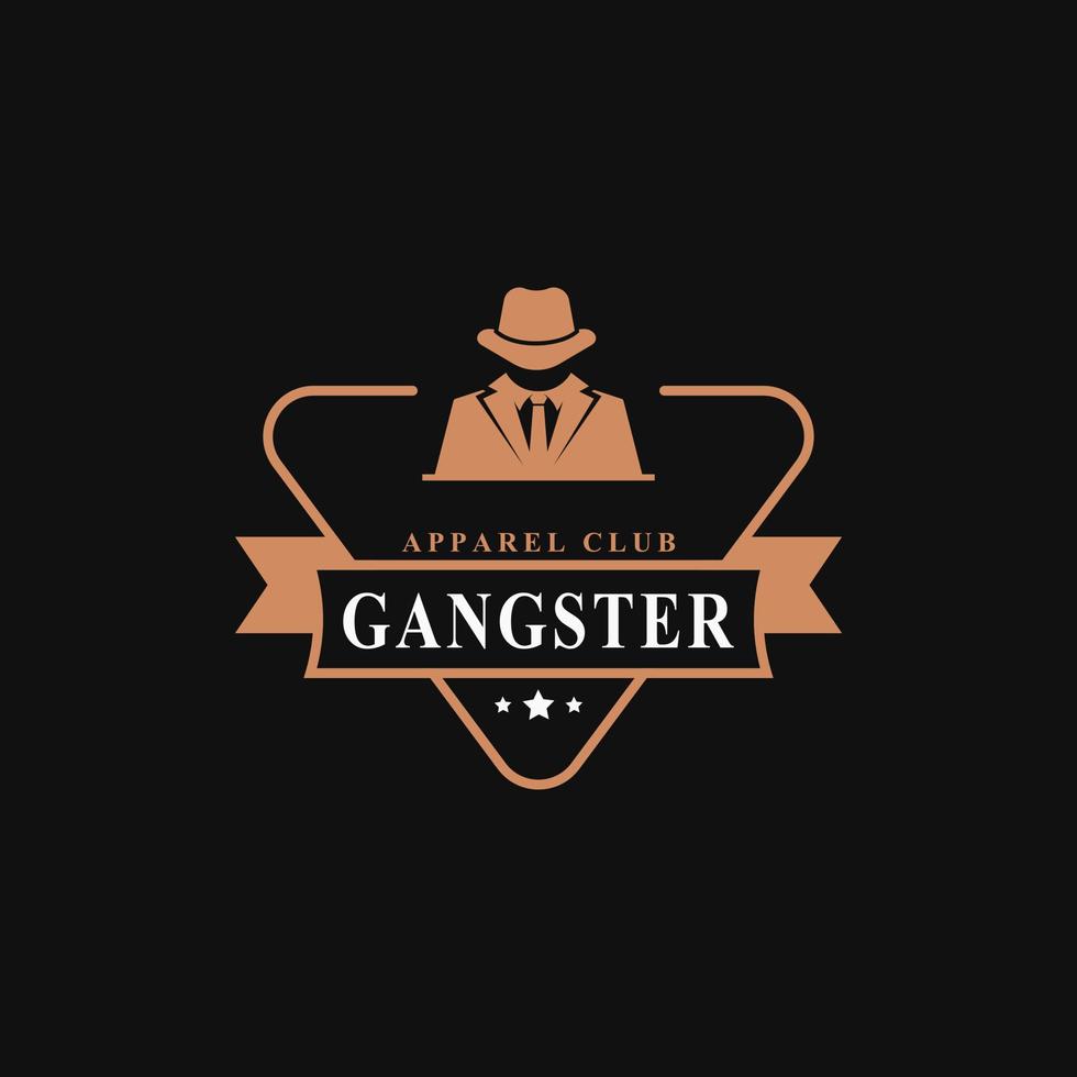 distintivo retrô vintage para gangsters e mafiosos em símbolo de design de emblema de logotipo de terno preto vetor