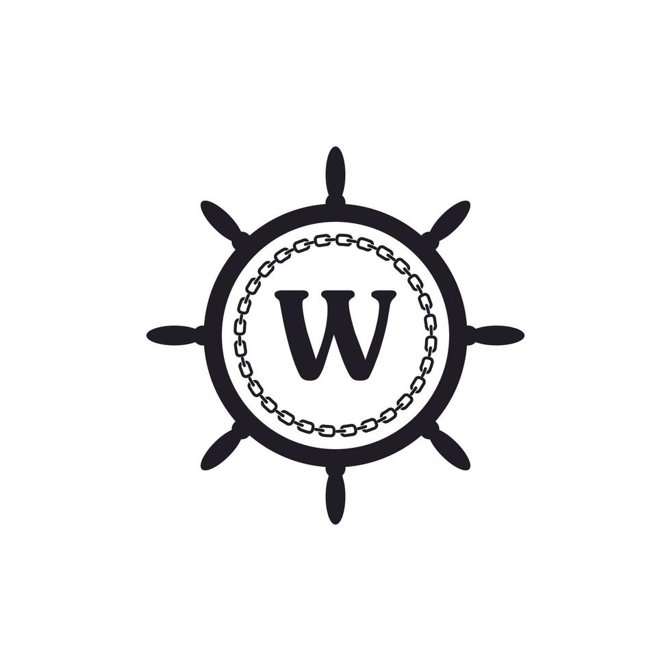 letra w dentro do volante do navio e ícone de corrente circular para inspiração de logotipo náutico vetor