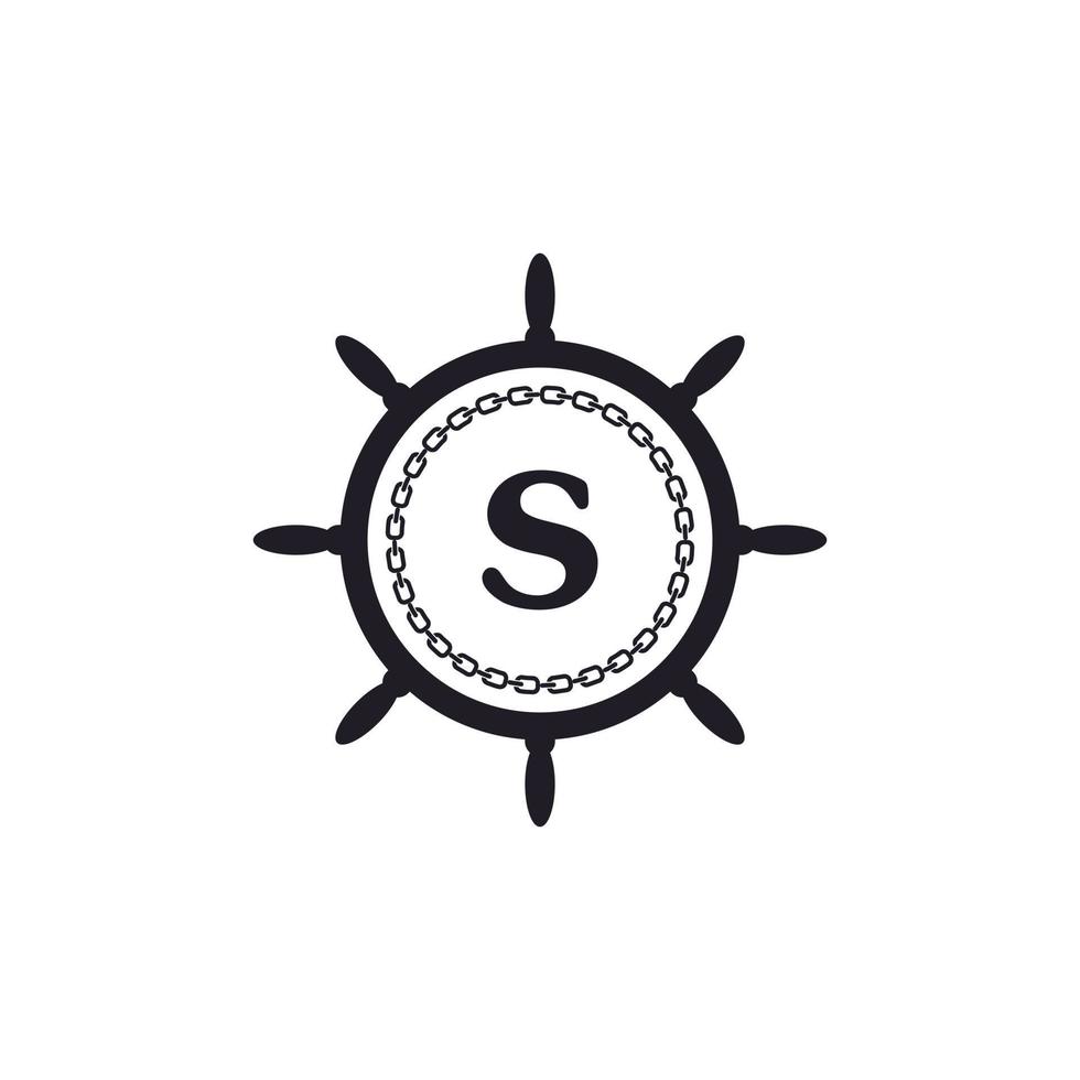 letra s dentro do volante do navio e ícone de corrente circular para inspiração de logotipo náutico vetor