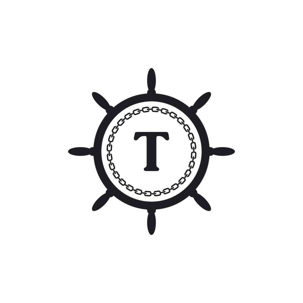 letra t dentro do volante do navio e ícone de corrente circular para inspiração de logotipo náutico vetor