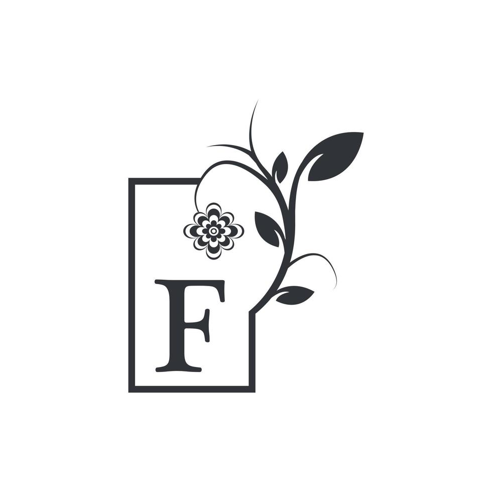 distintivo de moldura quadrada de logotipo de luxo elegante f. floral com folhas de flores. perfeito para moda, joias, salão de beleza, cosméticos, spa, boutique, casamento, carimbo de carta, logotipo de hotel e restaurante. vetor