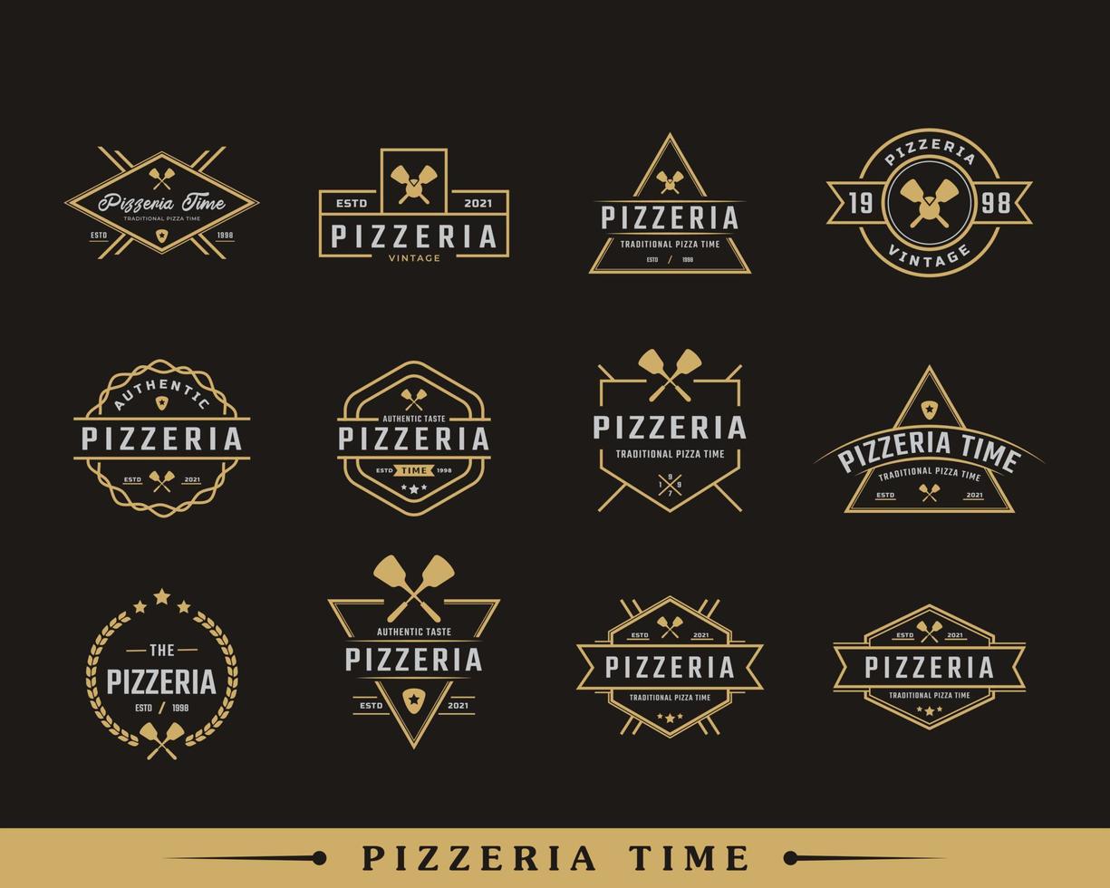 conjunto de inspiração de design de logotipo de pizzaria de pizza de espátula de emblema clássico vintage vetor