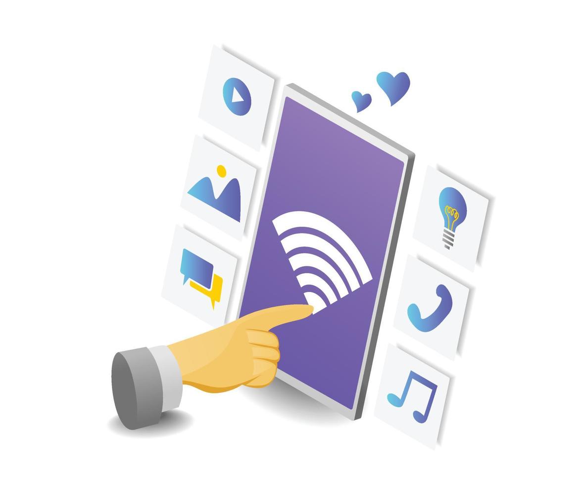 ilustração de estilo isométrico de marketing digital com ícone de telefone celular e wifi vetor