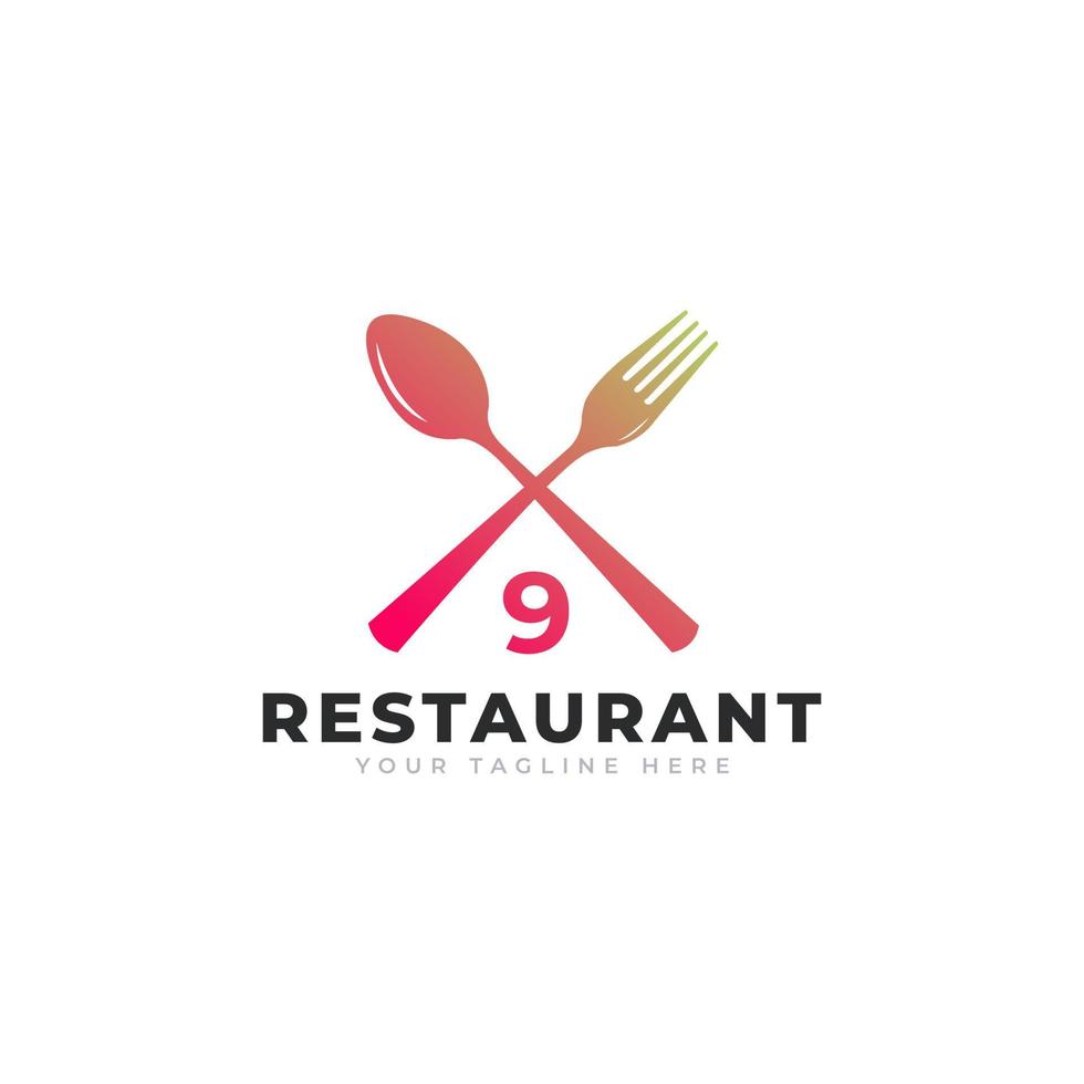logotipo do restaurante. número 9 com garfo de colher para modelo de design de ícone de logotipo de restaurante vetor