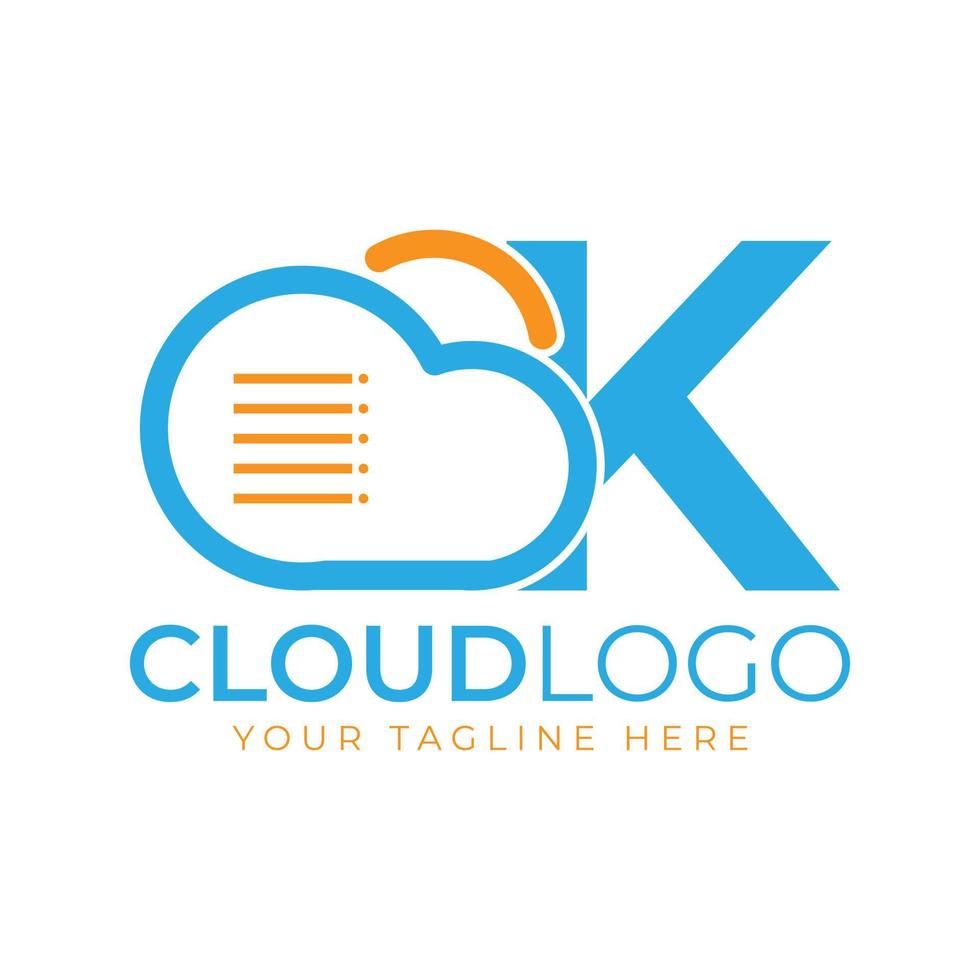 logotipo de tecnologia em nuvem. letra inicial k com nuvem e documento para o conceito de tecnologia. sinal meteorológico de software de dados vetor