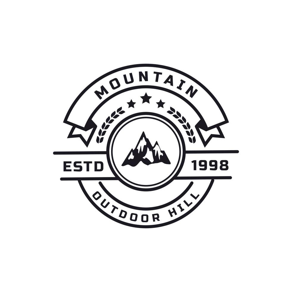 distintivo retrô vintage para símbolo de montanha rochosa de neve de gelo. riacho rio monte pico colina natureza logotipo emblema vetor