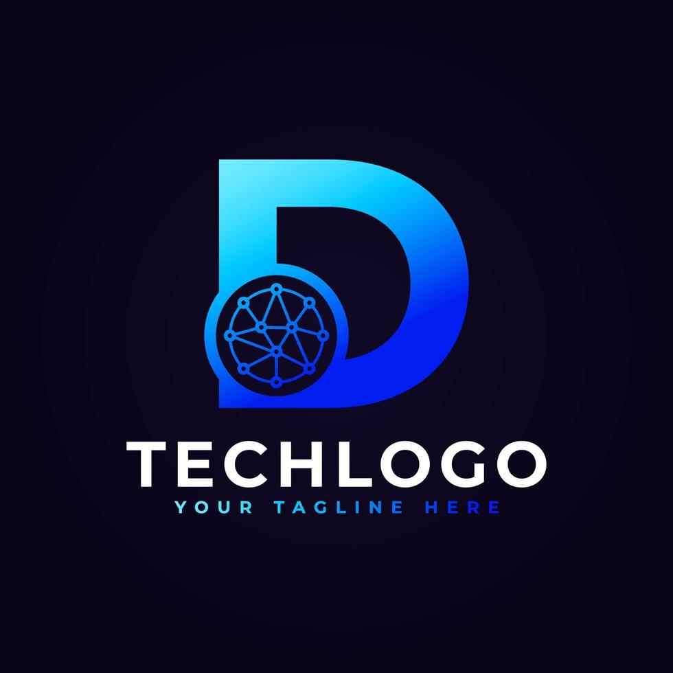 logotipo de letra d de tecnologia. forma geométrica azul com círculo de pontos conectado como vetor de logotipo de rede. utilizável para logotipos de negócios e tecnologia.