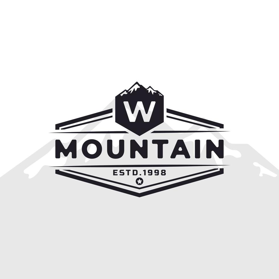 logotipo de tipografia de montanha de letra de emblema vintage para expedição de aventura ao ar livre, camisa de silhueta de montanhas, elemento de modelo de design de carimbo de impressão vetor