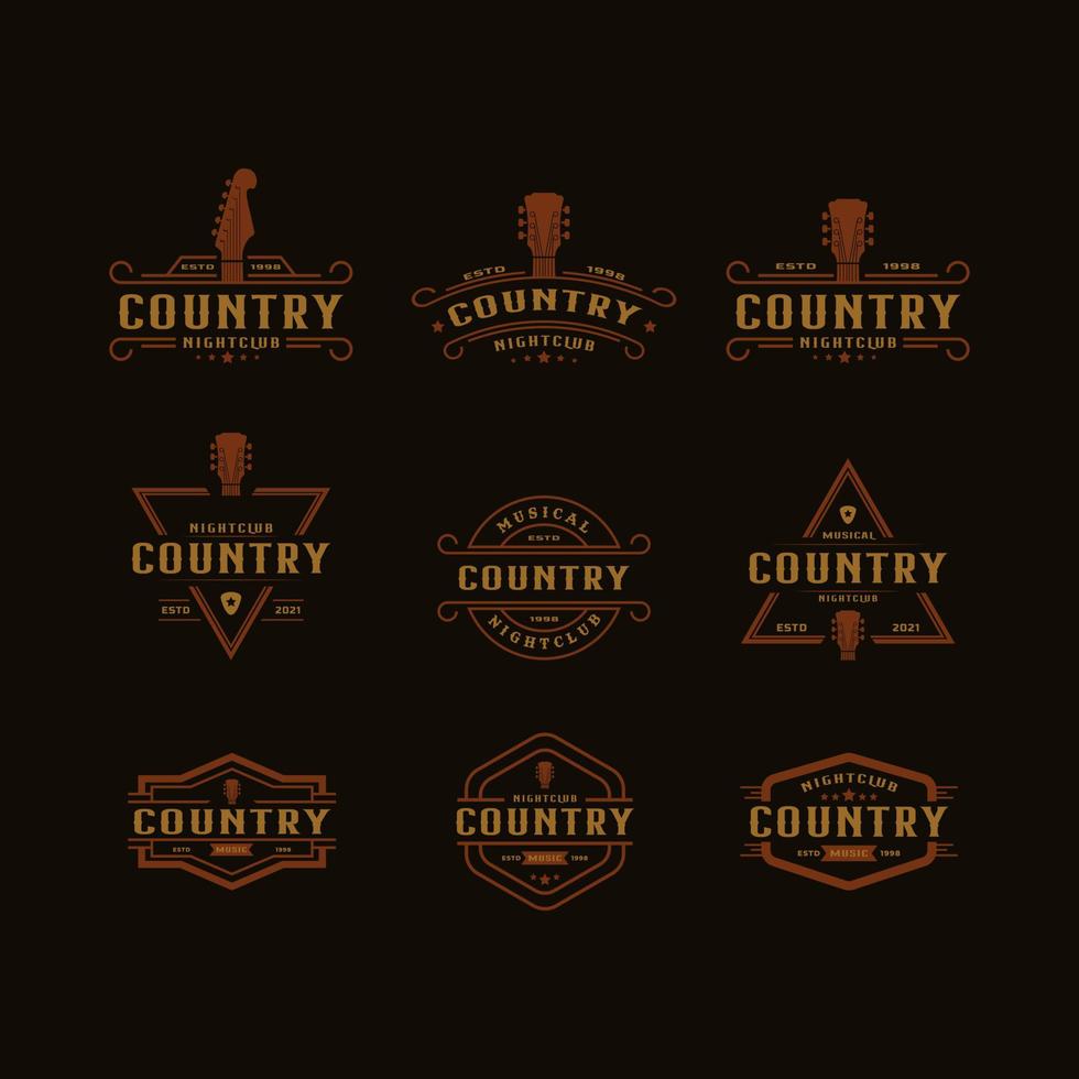conjunto de distintivo de rótulo retrô vintage clássico para modelo de design de logotipo de cowboy de música de guitarra country bar saloon ocidental vetor