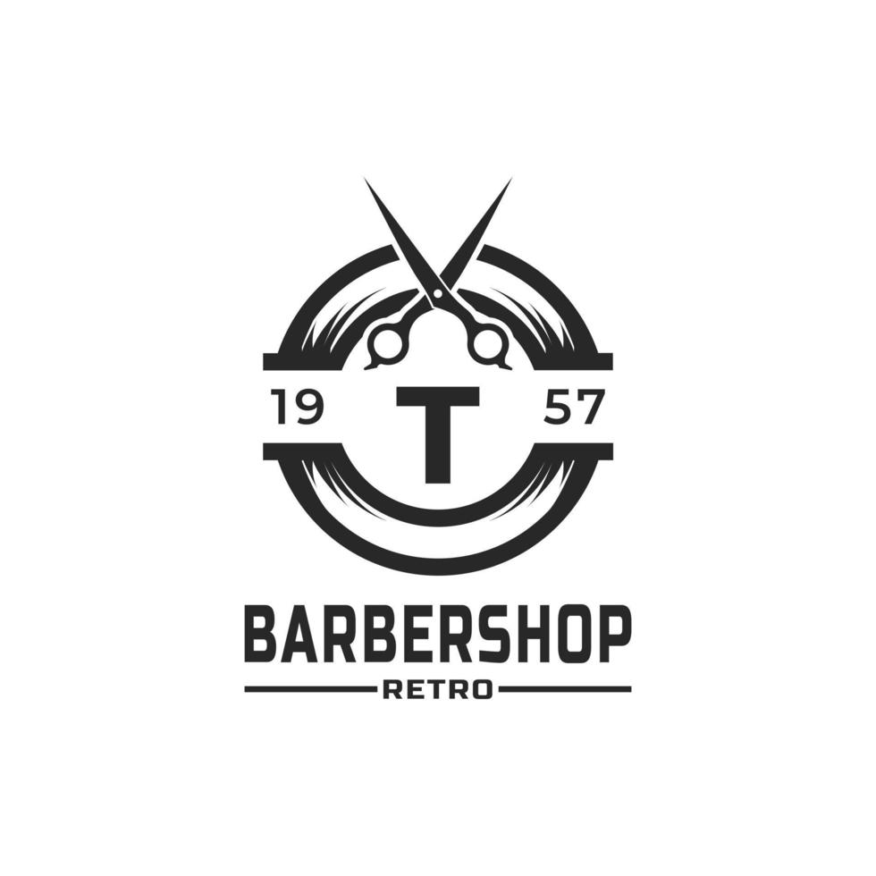 letra t emblema de barbearia vintage e inspiração de design de logotipo vetor