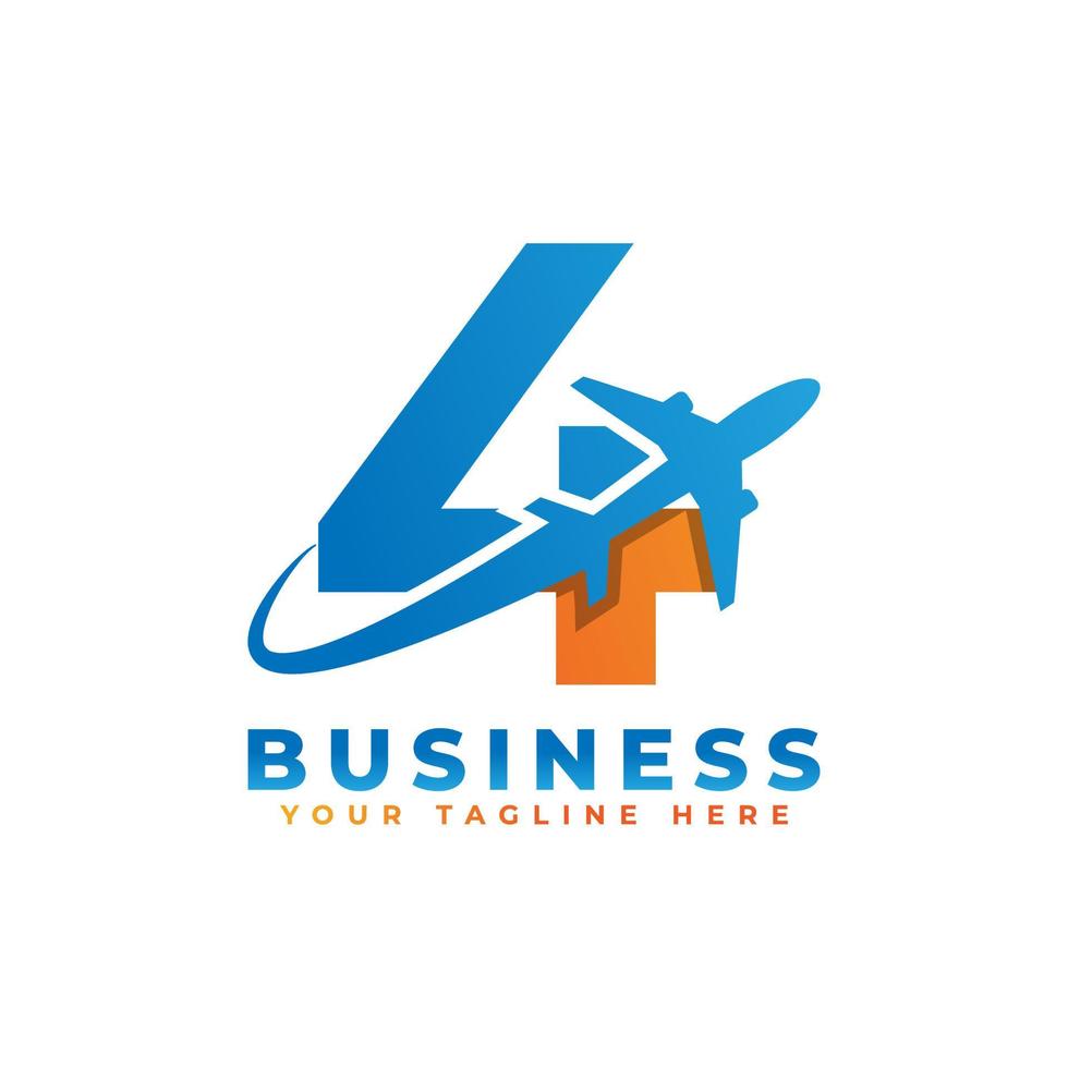 número 4 com design de logotipo de avião. adequado para turismo e viagens, start up, logística, modelo de logotipo de negócios vetor