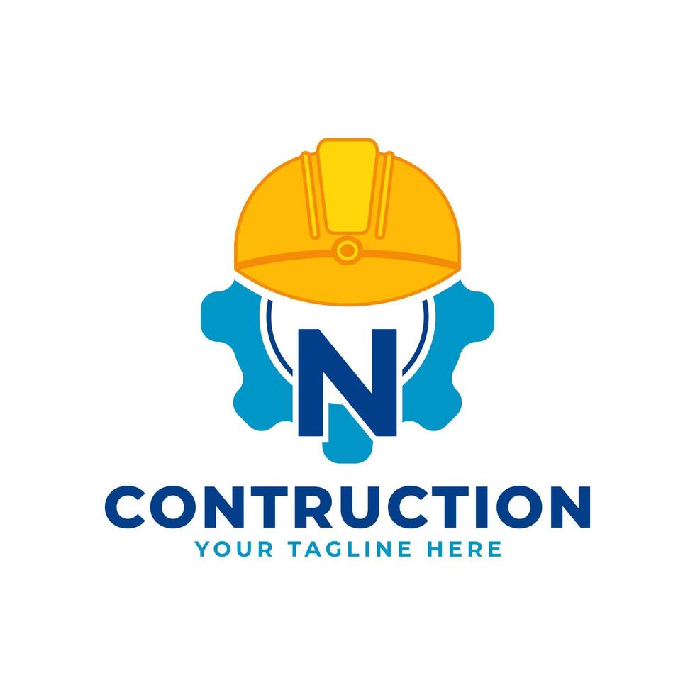 letra inicial n com equipamento e capacete. conceito de logotipo de construção e engenharia vetor