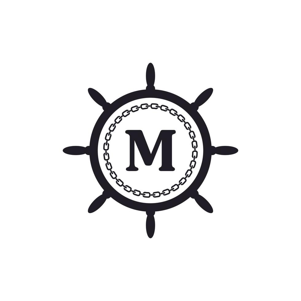 letra m dentro do volante do navio e ícone de corrente circular para inspiração de logotipo náutico vetor
