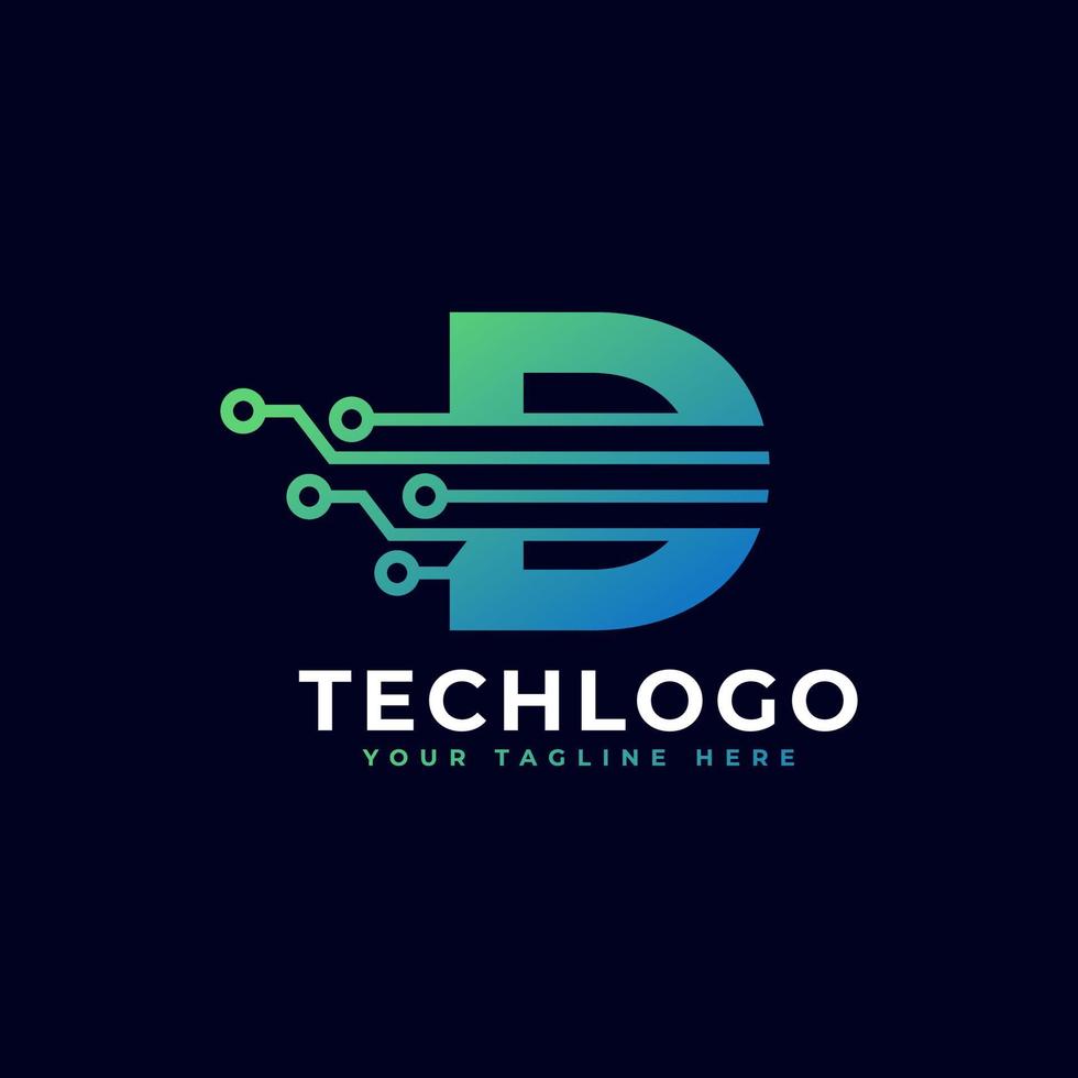 logotipo de letra d de tecnologia. modelo de logotipo de vetor futurista com cor gradiente verde e azul. forma geométrica. utilizável para logotipos de negócios e tecnologia.