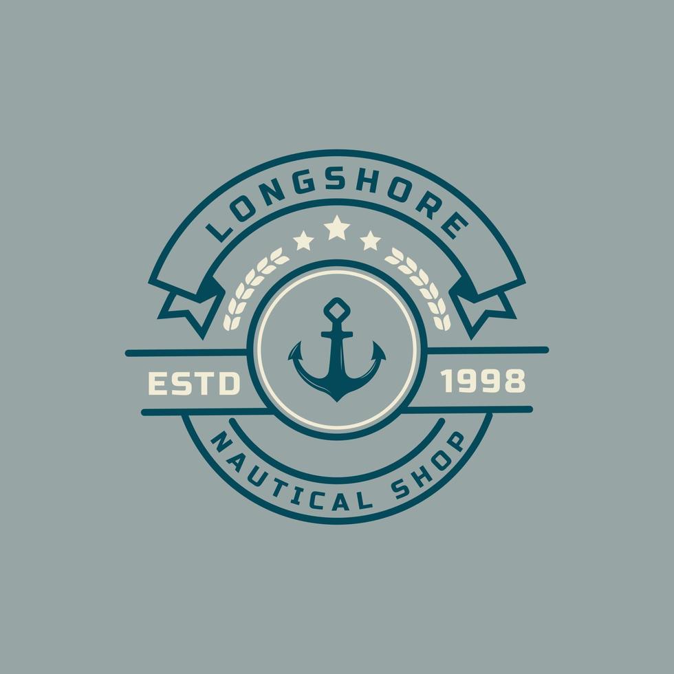 logotipo retrô vintage náutico e oceânico com símbolo de âncora de navio para modelo de design de emblema marinho vetor