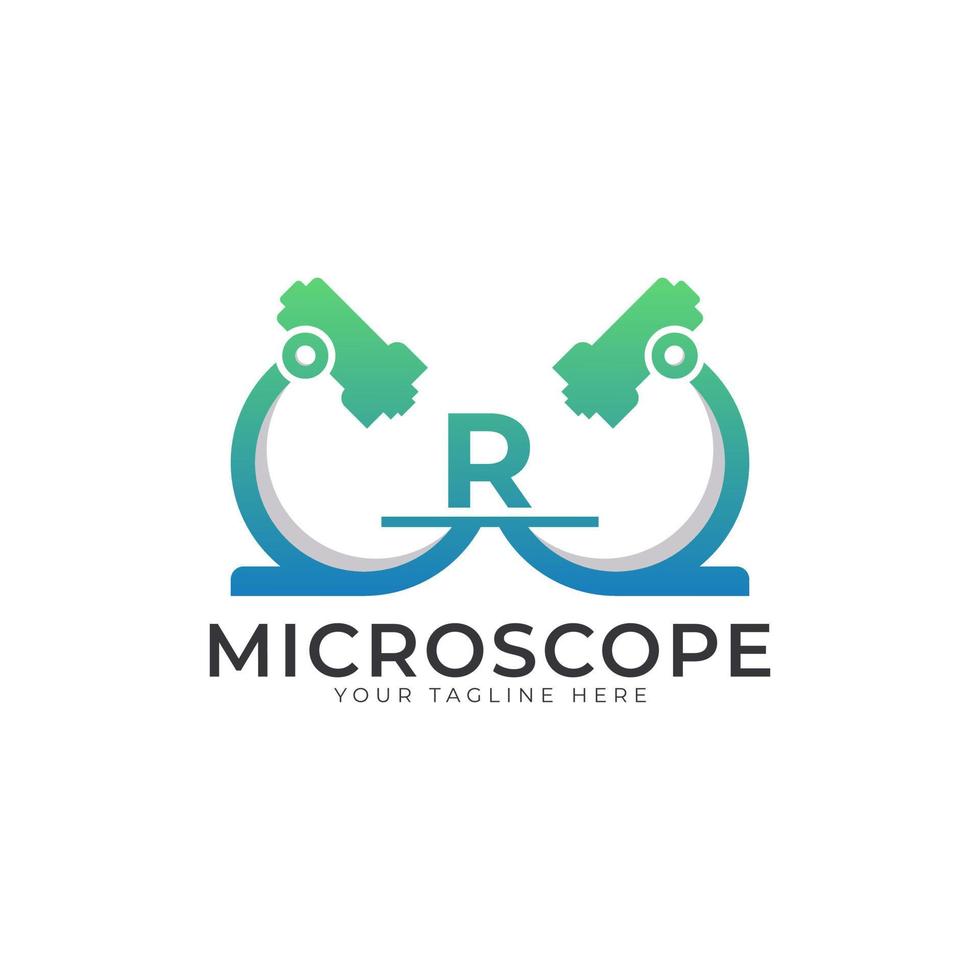 logotipo do laboratório. elemento de modelo de design de logotipo de microscópio letra inicial r. vetor