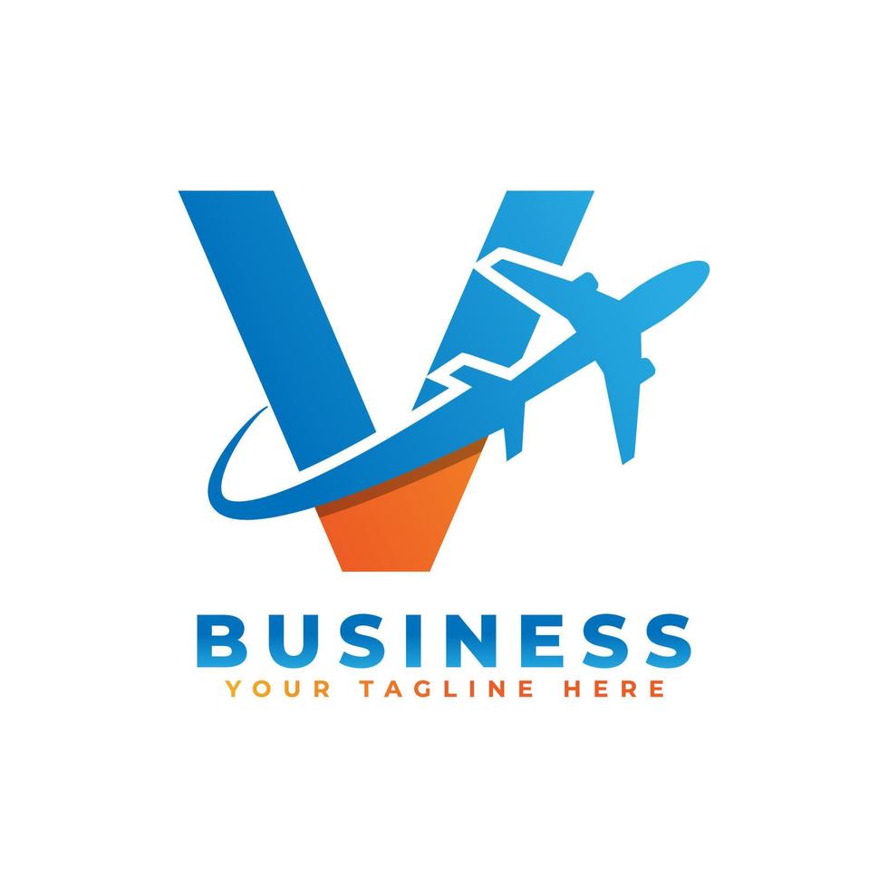 letra v com design de logotipo de avião. adequado para turismo e viagens, start up, logística, modelo de logotipo de negócios vetor