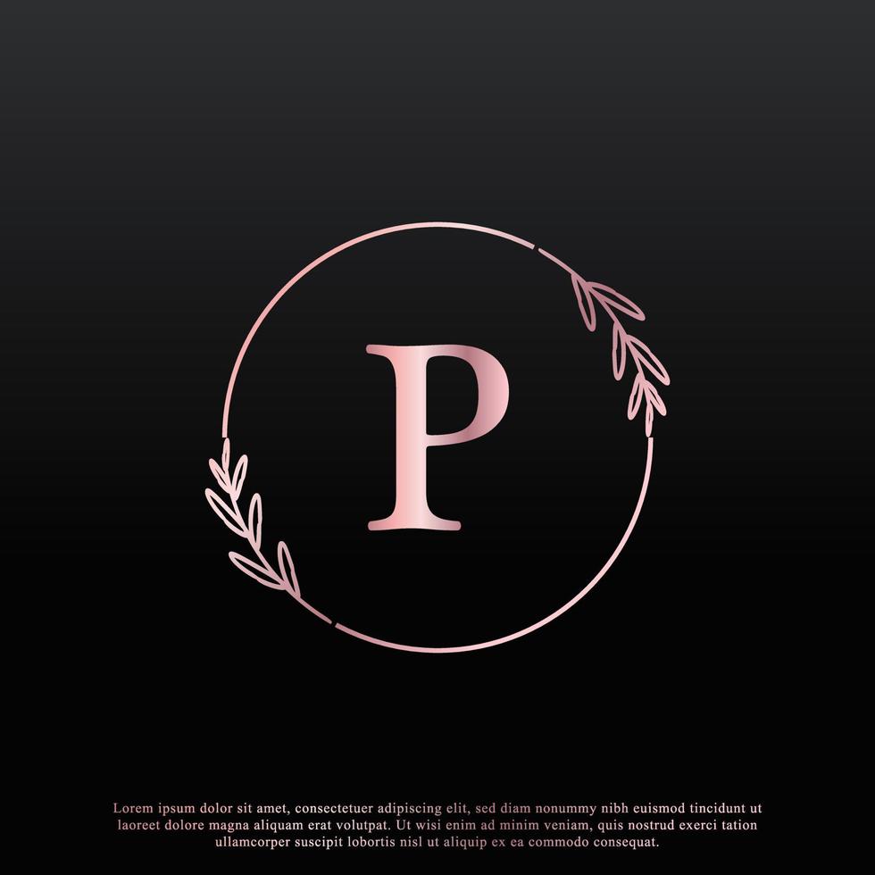 logotipo floral do círculo de letra p elegante com linha de ramificação criativa de monograma de folha elegante e cor preta rosa. utilizável para logotipos de negócios, moda, cosméticos, spa, ciência, medicina e natureza. vetor