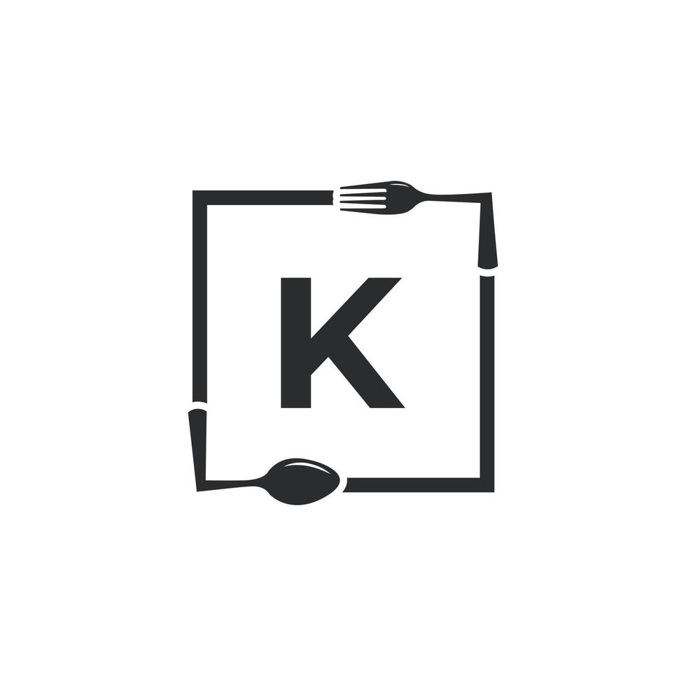 logotipo do restaurante. letra inicial k com garfo de colher para modelo de design de ícone de logotipo de restaurante vetor