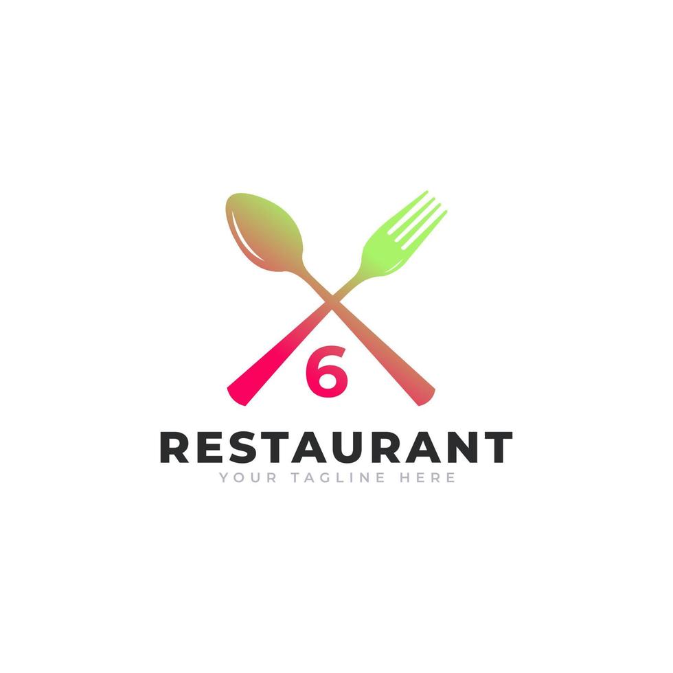 logotipo do restaurante. número 6 com garfo de colher para modelo de design de ícone de logotipo de restaurante vetor