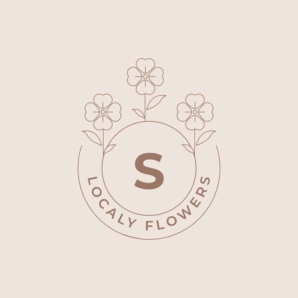 modelo de design de emblema de logotipos de flores de letra s com plantas botânicas e pétalas vetoriais ilustrações estilo de arte de linha mínima. símbolos de contorno para cosméticos e embalagens ou marca de produtos florais vetor