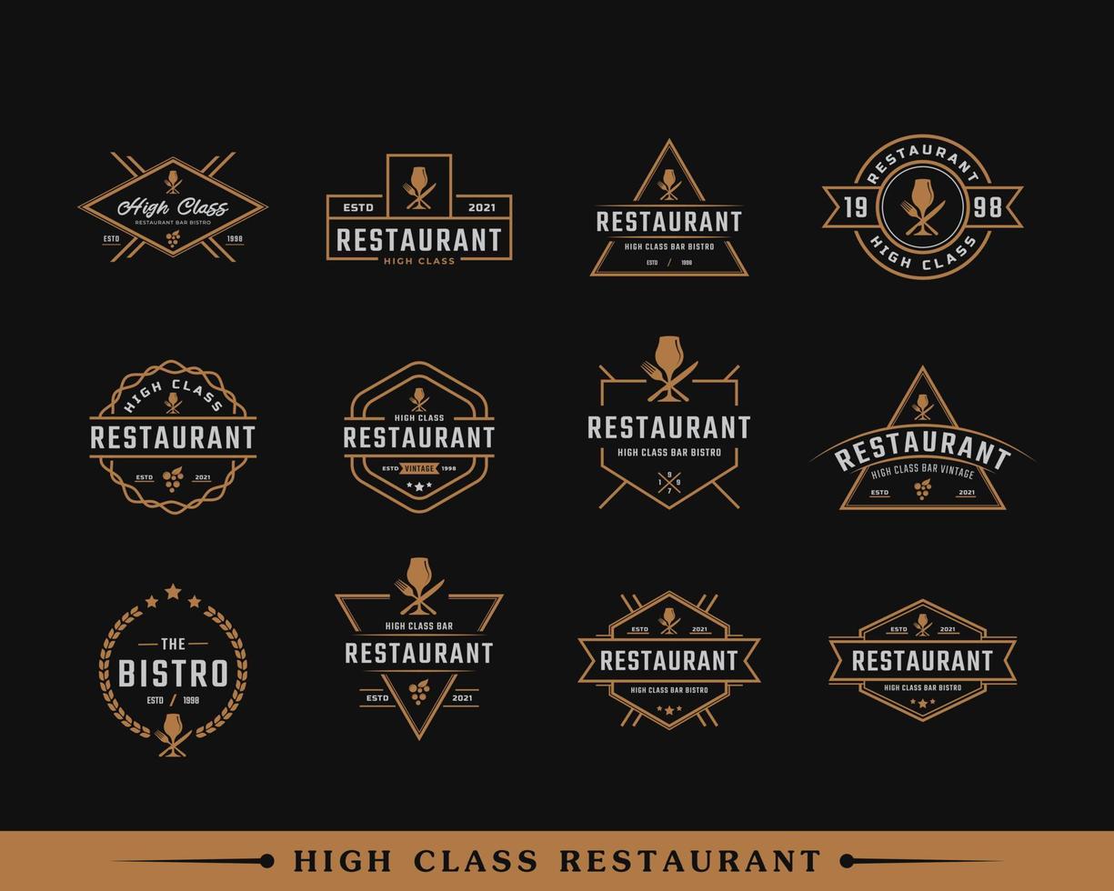 conjunto de emblema de rótulo retro vintage clássico para copo de vinho de luxo com faca garfo colher para inspiração de design de logotipo de restaurante bar bistrô vetor
