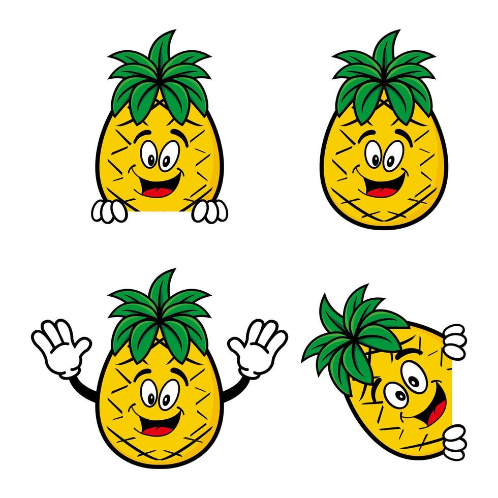 conjunto de personagem de desenho animado de abacaxi sorridente bonito de coleção. ilustração vetorial isolada no fundo branco vetor