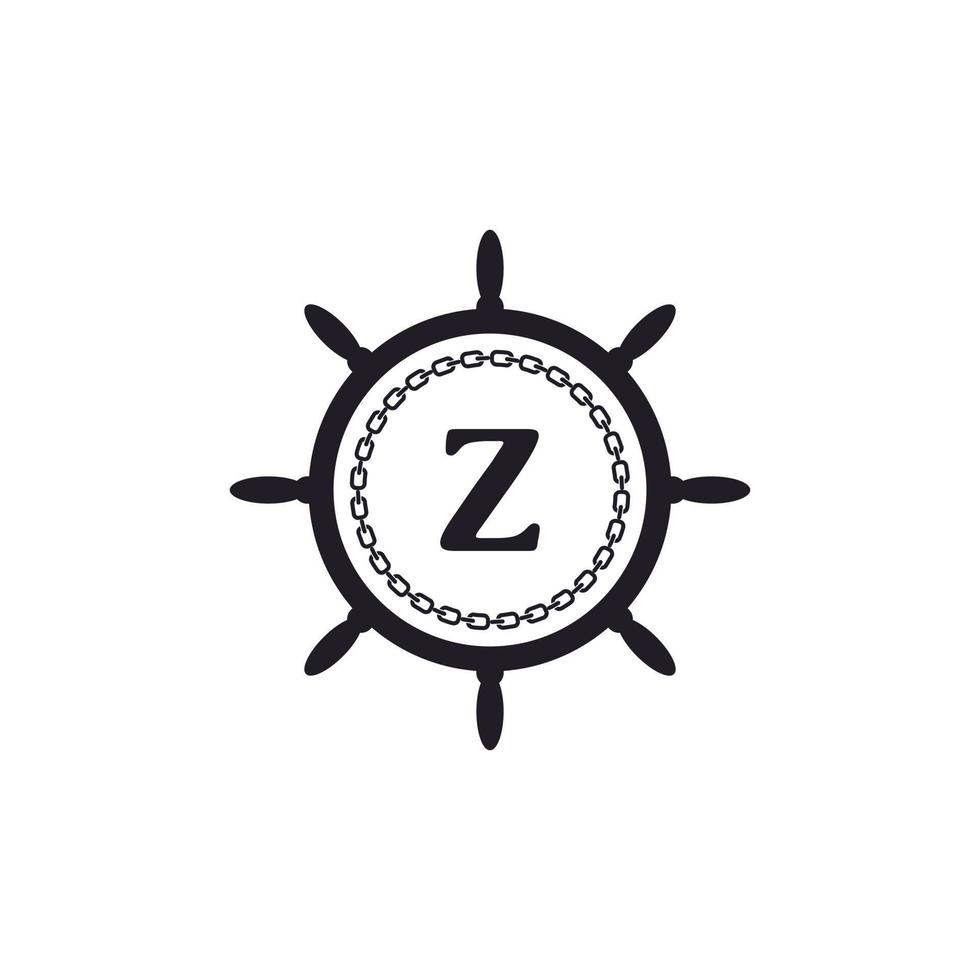 letra z dentro do volante do navio e ícone de corrente circular para inspiração de logotipo náutico vetor