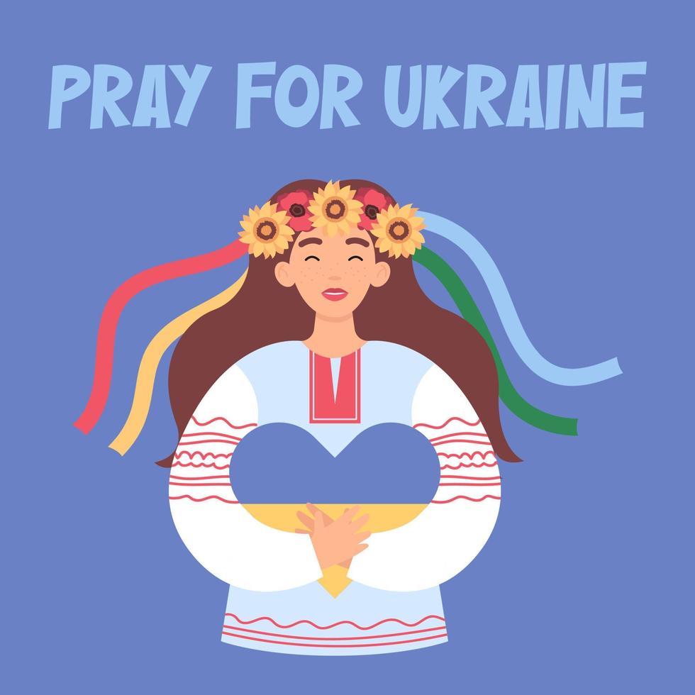 mulher ucraniana em traje tradicional detém um coração com a bandeira da ucrânia. rezar pela paz ucrânia. vetor