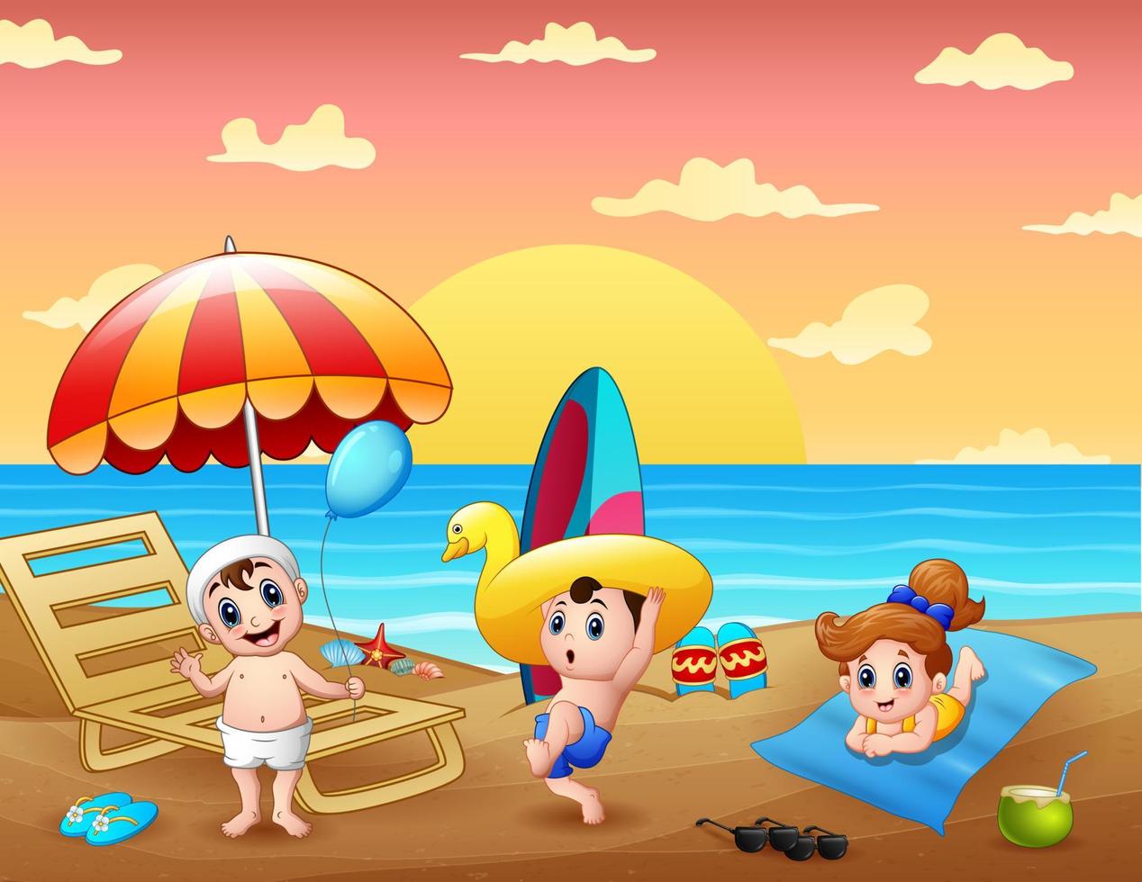 férias de verão com crianças se divertindo na praia vetor