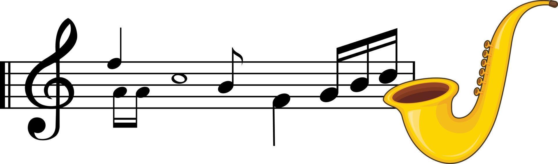 um saxofone com notas musicais em fundo branco vetor