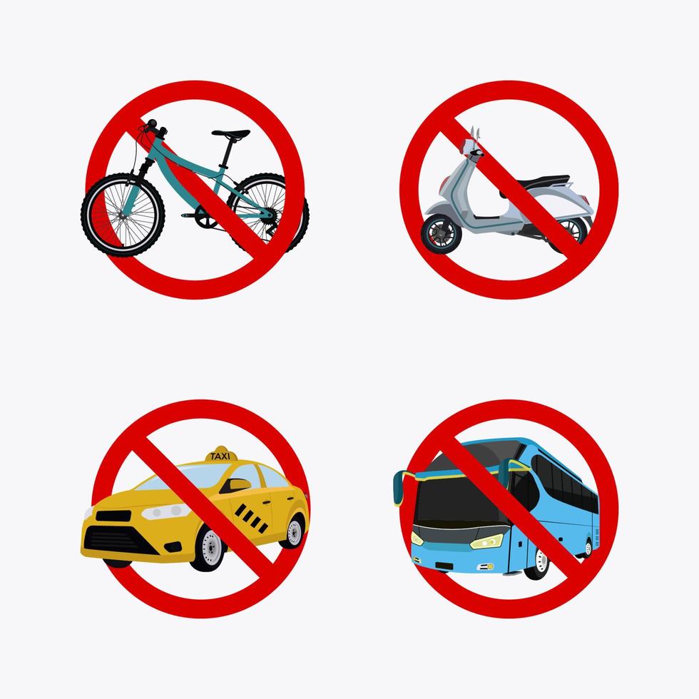 aviso nenhum sinal e símbolo do veículo. sem entrada para sinal de bicicleta, scooter, táxi e ônibus vetor