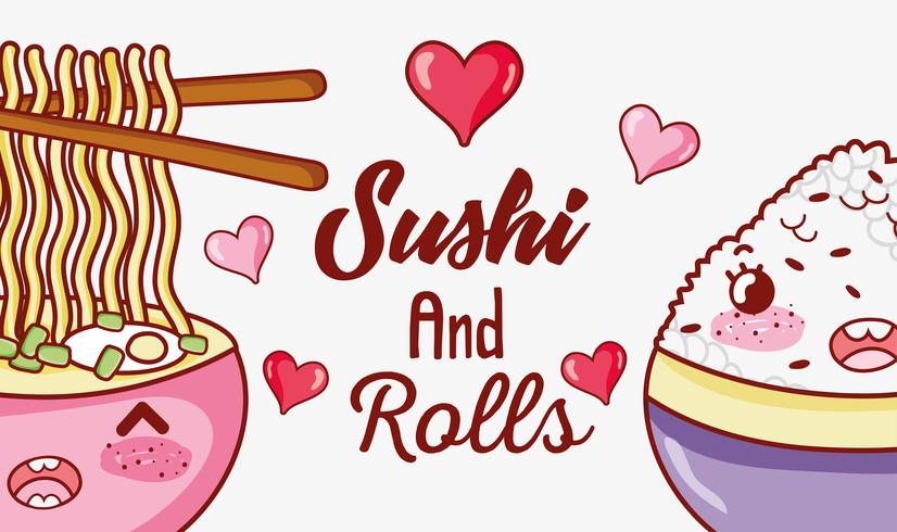 Sushi e rolos bonitos desenhos animados de kawaii vetor