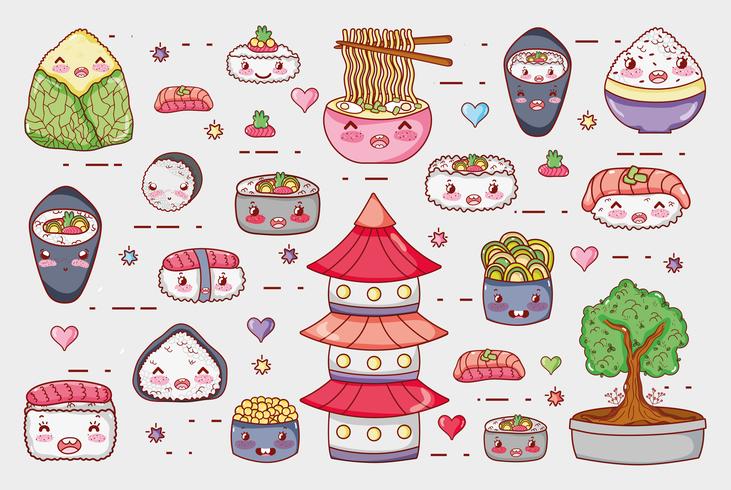 Sushi e rolos bonitos desenhos animados de kawaii vetor