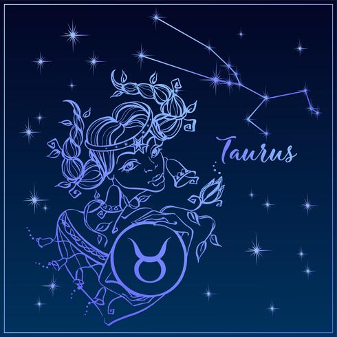 Taurus do sinal do zodíaco como uma menina bonita. A constelação de taurus. Céu noturno. Horóscopo. Astrologia. Vetor. vetor
