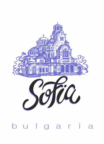 Catedral de St. Alexander Nevsky. Sofia, Bulgária. Esboço. Lettering Industria do turismo. Viagem. Vetor. vetor