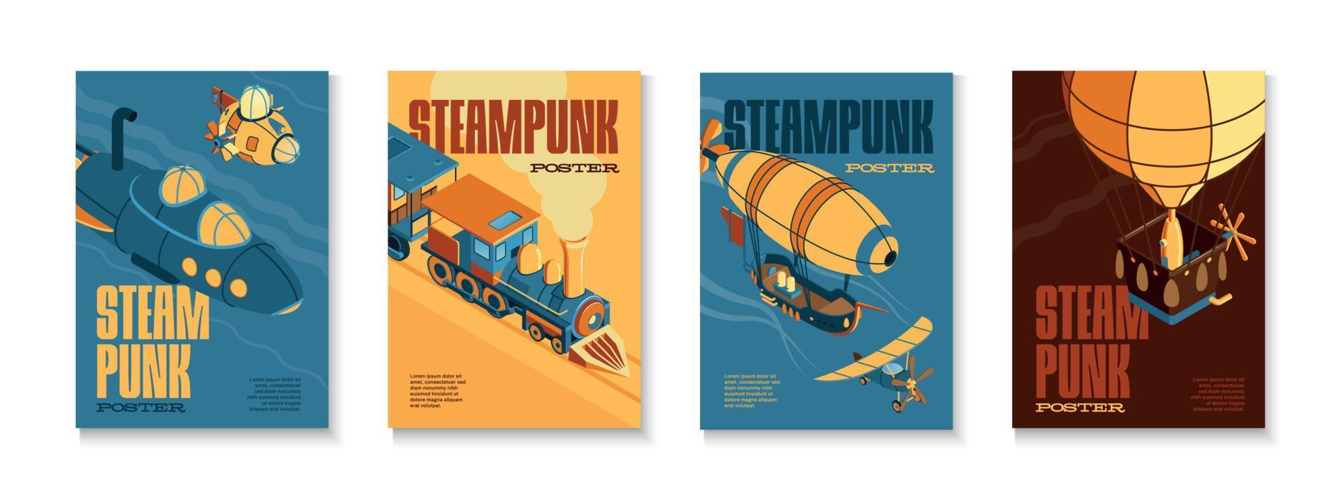 conjunto de cartazes verticais steampunk vetor