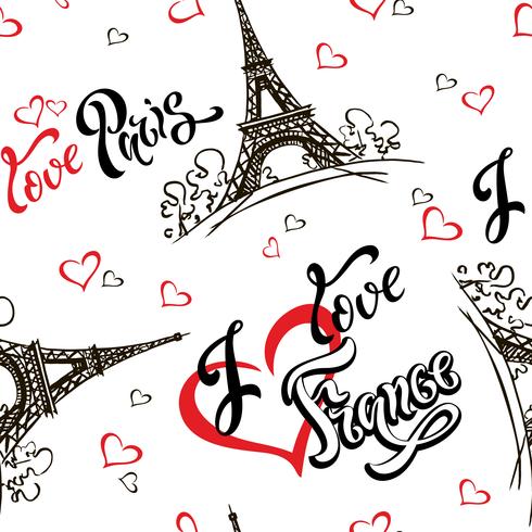 Padrão sem emenda Eu amo Paris. Eu amo a França. Letras elegantes. Corações Torre Eiffel. Esboço. Fundo branco. Vencedor vetor