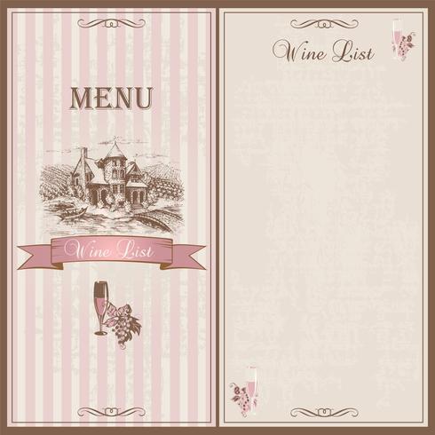 Menu de vinhos. Lista de vinhos. Modelo de design para restaurantes. Esboço do castelo com campos de uva. Uvas e um copo de vinho. Elegante design vintage. Vetor. vetor