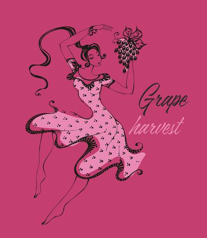 Menina italiana dançando, coletando uvas. O tempo da colheita da uva. Indústria do vinho. Itália. Vetor. vetor