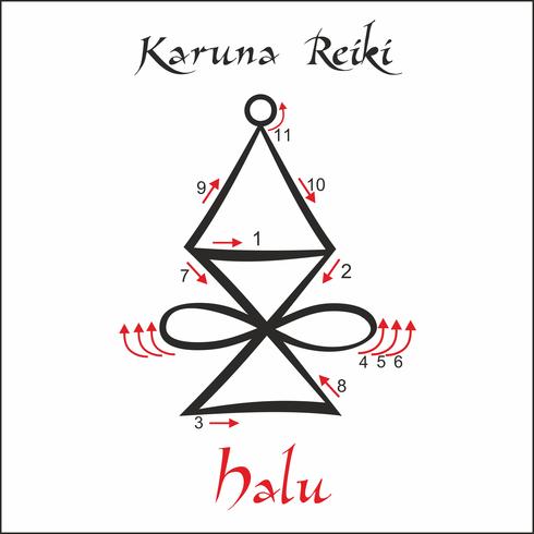 Karuna Reiki. Cura energética. Medicina alternativa. Símbolo Halu. Prática espiritual. Esotérico. Vetor