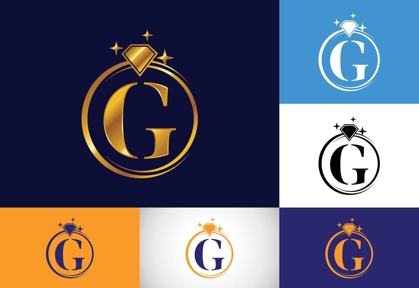 alfabeto inicial g monograma letra em um círculo com diamante. logotipo do anel de diamante. conceito de design de logotipo de joias. logotipo de vetor moderno para identidade de negócios e empresa.