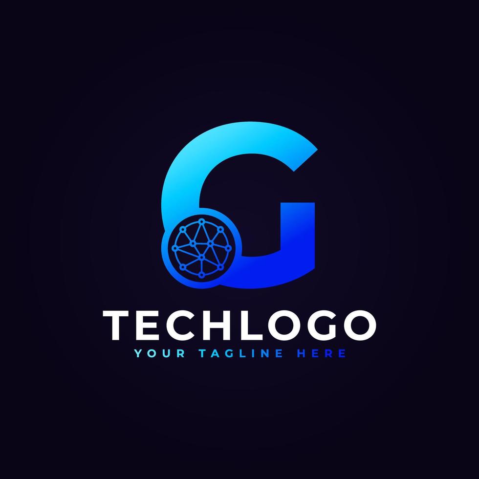 logotipo da letra G de tecnologia. forma geométrica azul com círculo de pontos conectado como vetor de logotipo de rede. utilizável para logotipos de negócios e tecnologia.