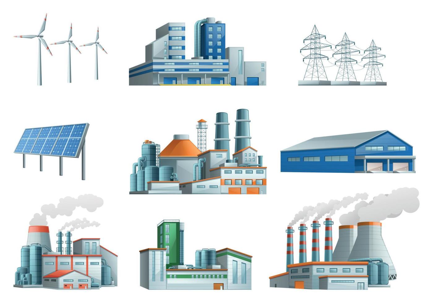 conjunto plano de edifícios industriais vetor