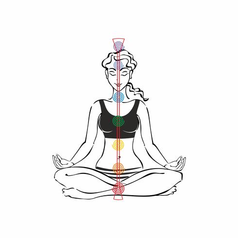 O canal de energia do humano. Chakras garota na posição de lótus. Reiki Meditação. Vetor. vetor
