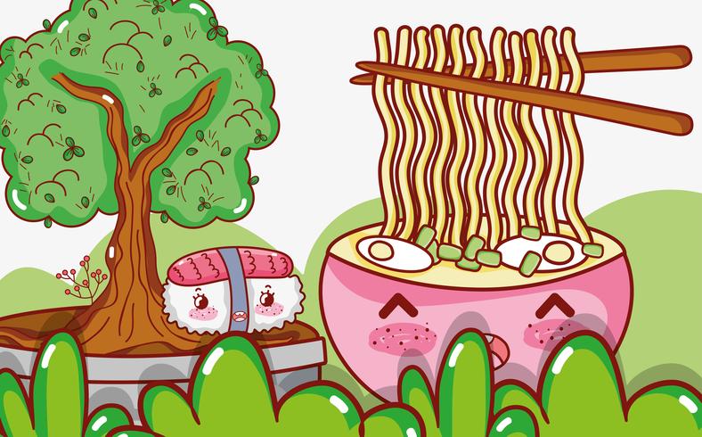 Desenhos animados bonitos do kawaii da comida asiática vetor