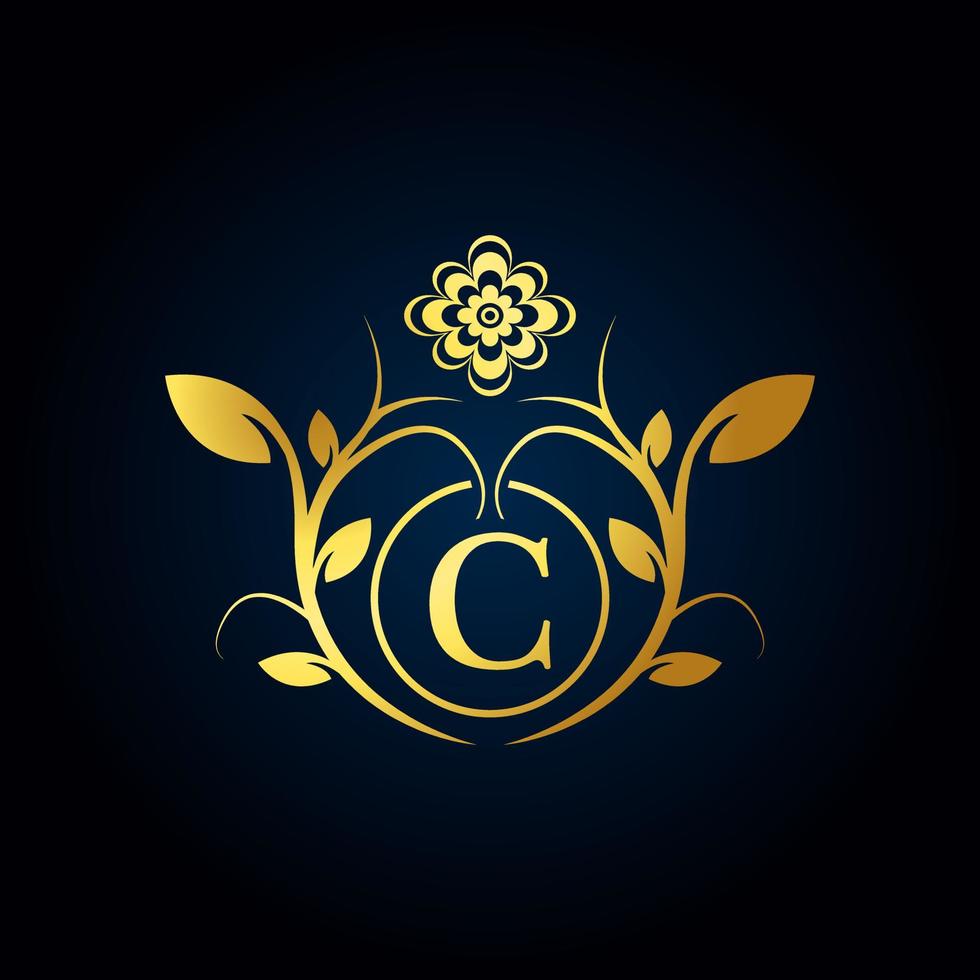 elegante logotipo de luxo c. logotipo do alfabeto floral dourado com folhas de flores. perfeito para moda, joias, salão de beleza, cosméticos, spa, boutique, casamento, carimbo de carta, logotipo de hotel e restaurante. vetor