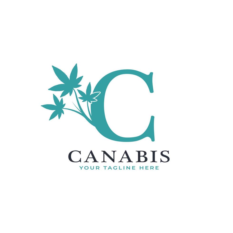 letra c alfabeto verde do logotipo da canabis com folha de maconha medicinal. utilizável para logotipos de negócios, ciência, saúde, médicos e natureza. vetor