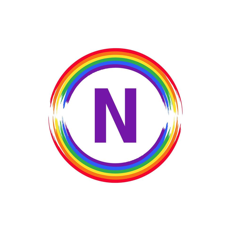letra n dentro da circular colorida em inspiração de design de logotipo de pincel de bandeira de cor do arco-íris para o conceito lgbt vetor